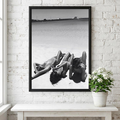 Three Friends Sunbathing Beach Poster | Black and White Photography Print | Vintage Summer Wall Art | Retro Coastal Decor