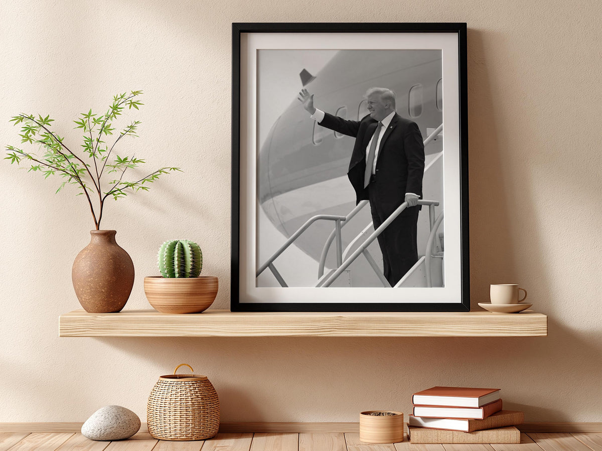 Trump Waving Airplane Steps Poster | Black and White Photography Print | Vintage Political History Wall Art | Retro Aviation Decor