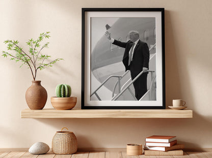 Trump Waving Airplane Steps Poster | Black and White Photography Print | Vintage Political History Wall Art | Retro Aviation Decor