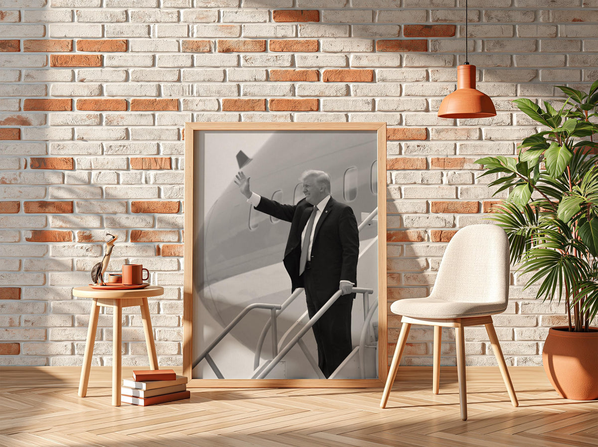 Trump Waving Airplane Steps Poster | Black and White Photography Print | Vintage Political History Wall Art | Retro Aviation Decor