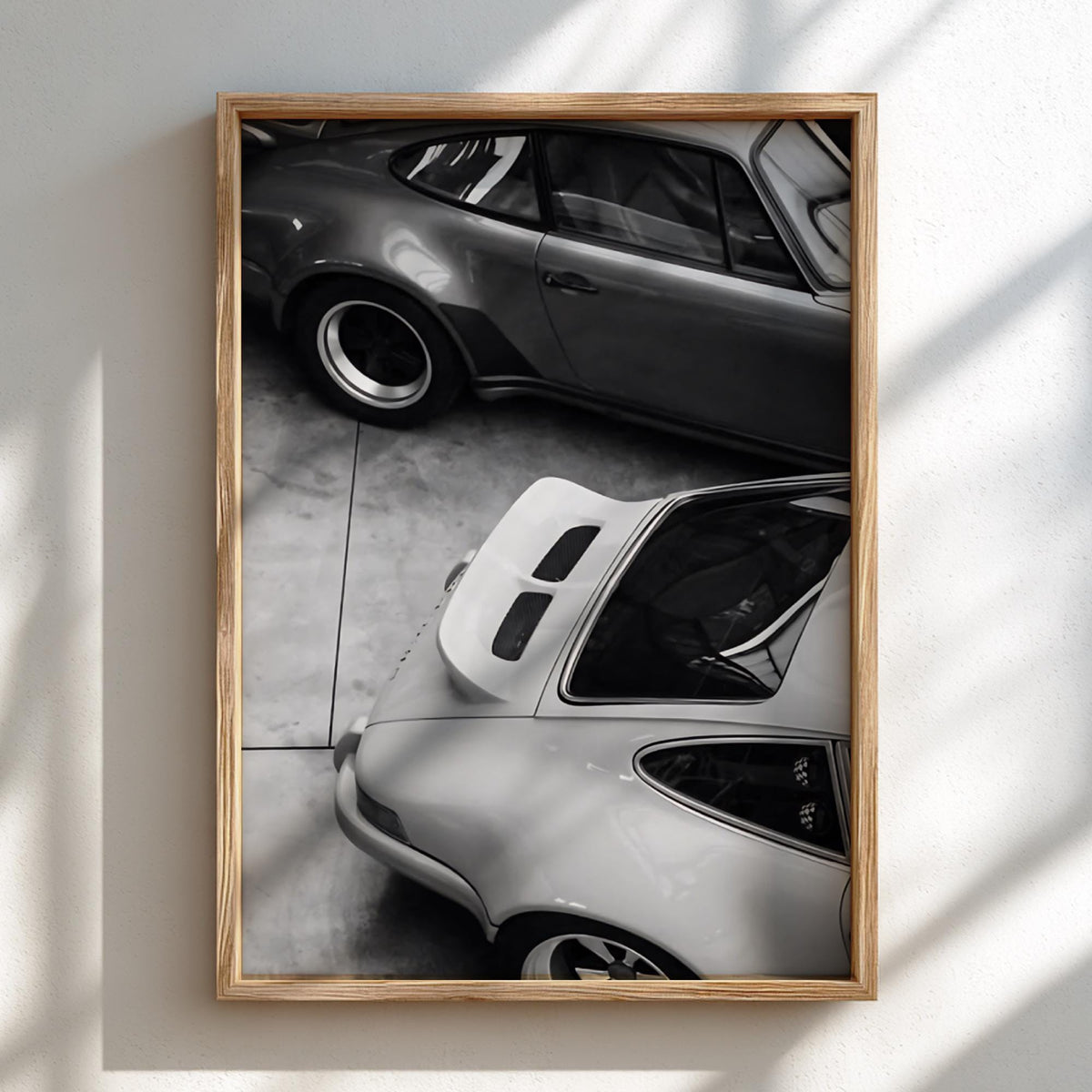 Two 911s Garage Poster | Black and White Photography Print | Vintage Car Wall Art | Retro Luxury Automotive Decor