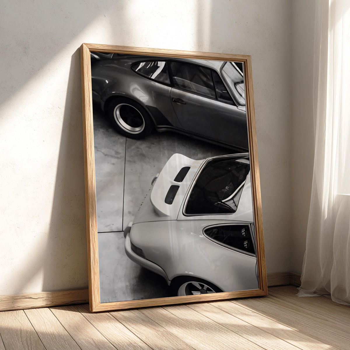 Two 911s Garage Poster | Black and White Photography Print | Vintage Car Wall Art | Retro Luxury Automotive Decor