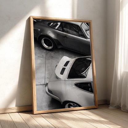 Two 911s Garage Poster | Black and White Photography Print | Vintage Car Wall Art | Retro Luxury Automotive Decor