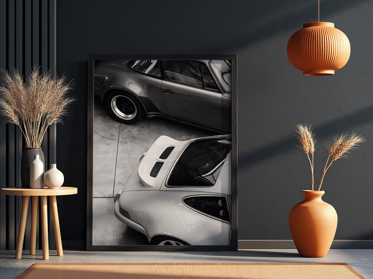 Two 911s Garage Poster | Black and White Photography Print | Vintage Car Wall Art | Retro Luxury Automotive Decor
