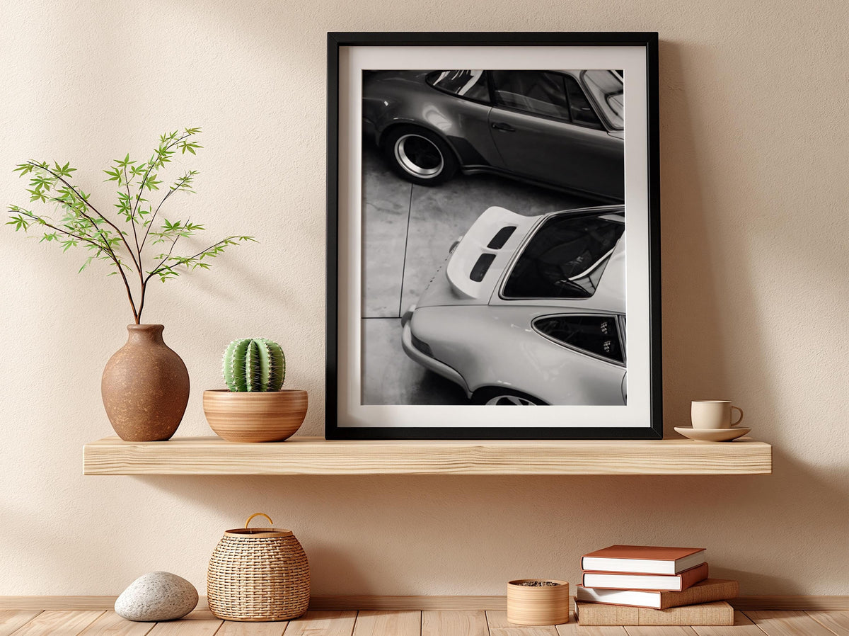 Two 911s Garage Poster | Black and White Photography Print | Vintage Car Wall Art | Retro Luxury Automotive Decor
