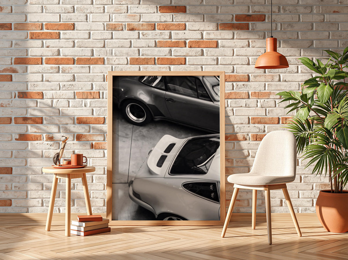 Two 911s Garage Poster | Black and White Photography Print | Vintage Car Wall Art | Retro Luxury Automotive Decor
