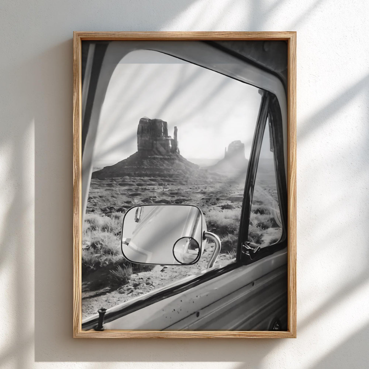 Van Window Monument Valley View Poster | Black and White Photography Print | Vintage Road Trip Wall Art | Retro Travel Decor