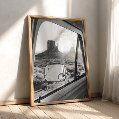 Van Window Monument Valley View Poster | Black and White Photography Print | Vintage Road Trip Wall Art | Retro Travel Decor