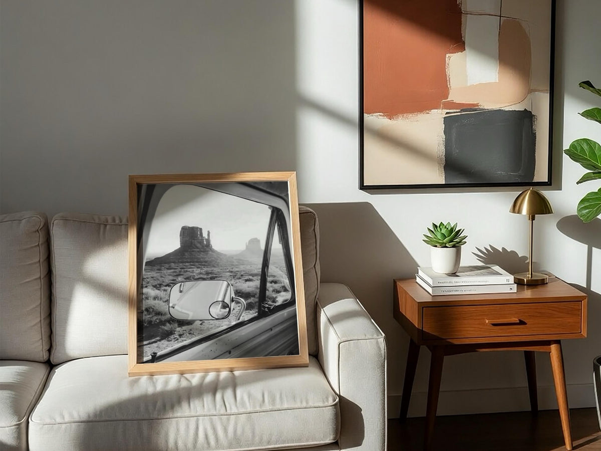 Van Window Monument Valley View Poster | Black and White Photography Print | Vintage Road Trip Wall Art | Retro Travel Decor