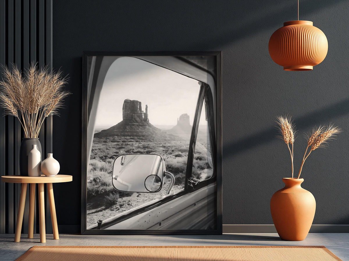 Van Window Monument Valley View Poster | Black and White Photography Print | Vintage Road Trip Wall Art | Retro Travel Decor