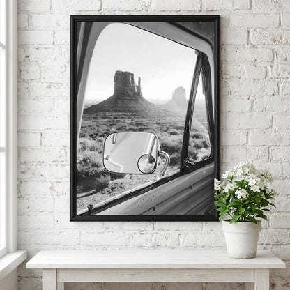 Van Window Monument Valley View Poster | Black and White Photography Print | Vintage Road Trip Wall Art | Retro Travel Decor