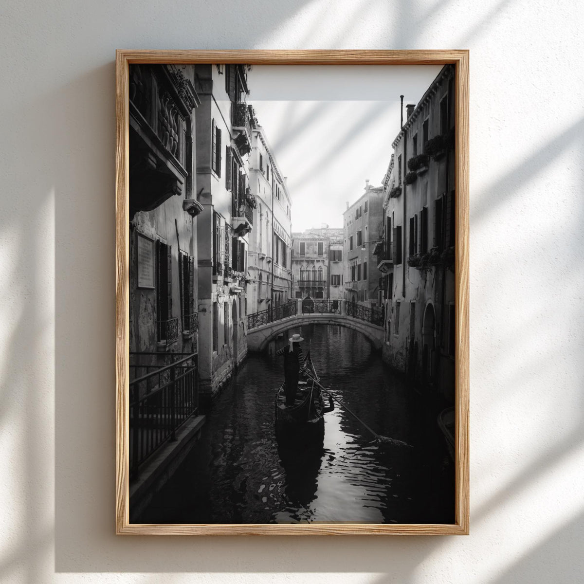 Venice Gondolier Canal Bridge Poster | Black and White Photography Print | Vintage Italy Wall Art | Retro Travel Decor