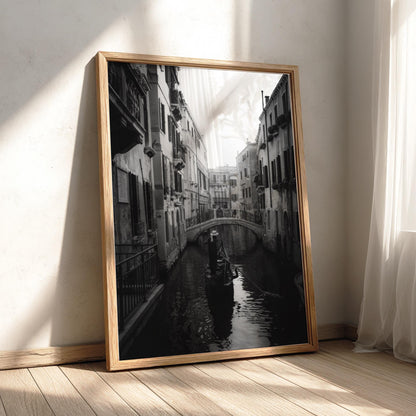 Venice Gondolier Canal Bridge Poster | Black and White Photography Print | Vintage Italy Wall Art | Retro Travel Decor