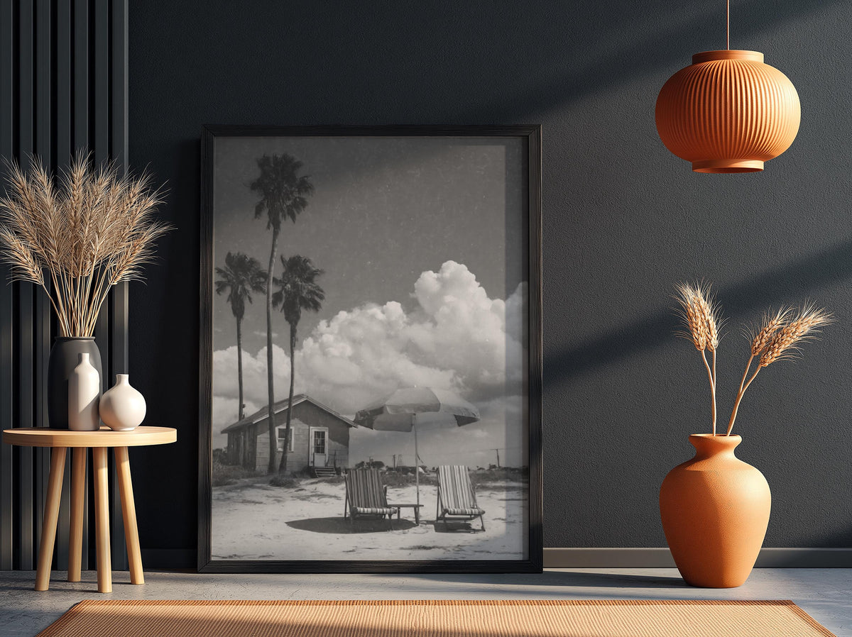 Vintage Beach Cottage Umbrella Poster | Black and White Photography Print | Coastal Wall Art | Retro Summer Travel Decor