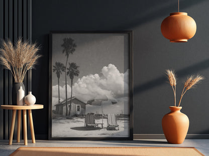Vintage Beach Cottage Umbrella Poster | Black and White Photography Print | Coastal Wall Art | Retro Summer Travel Decor