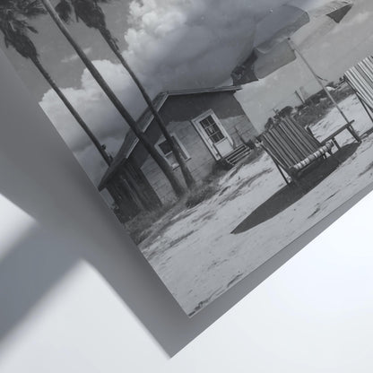 Vintage Beach Cottage Umbrella Poster | Black and White Photography Print | Coastal Wall Art | Retro Summer Travel Decor