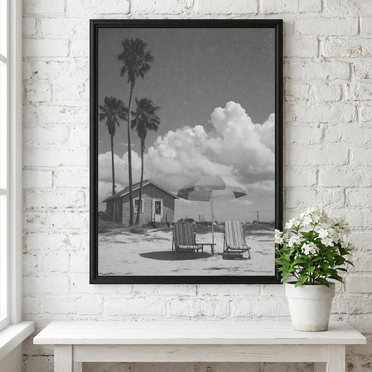 Vintage Beach Cottage Umbrella Poster | Black and White Photography Print | Coastal Wall Art | Retro Summer Travel Decor