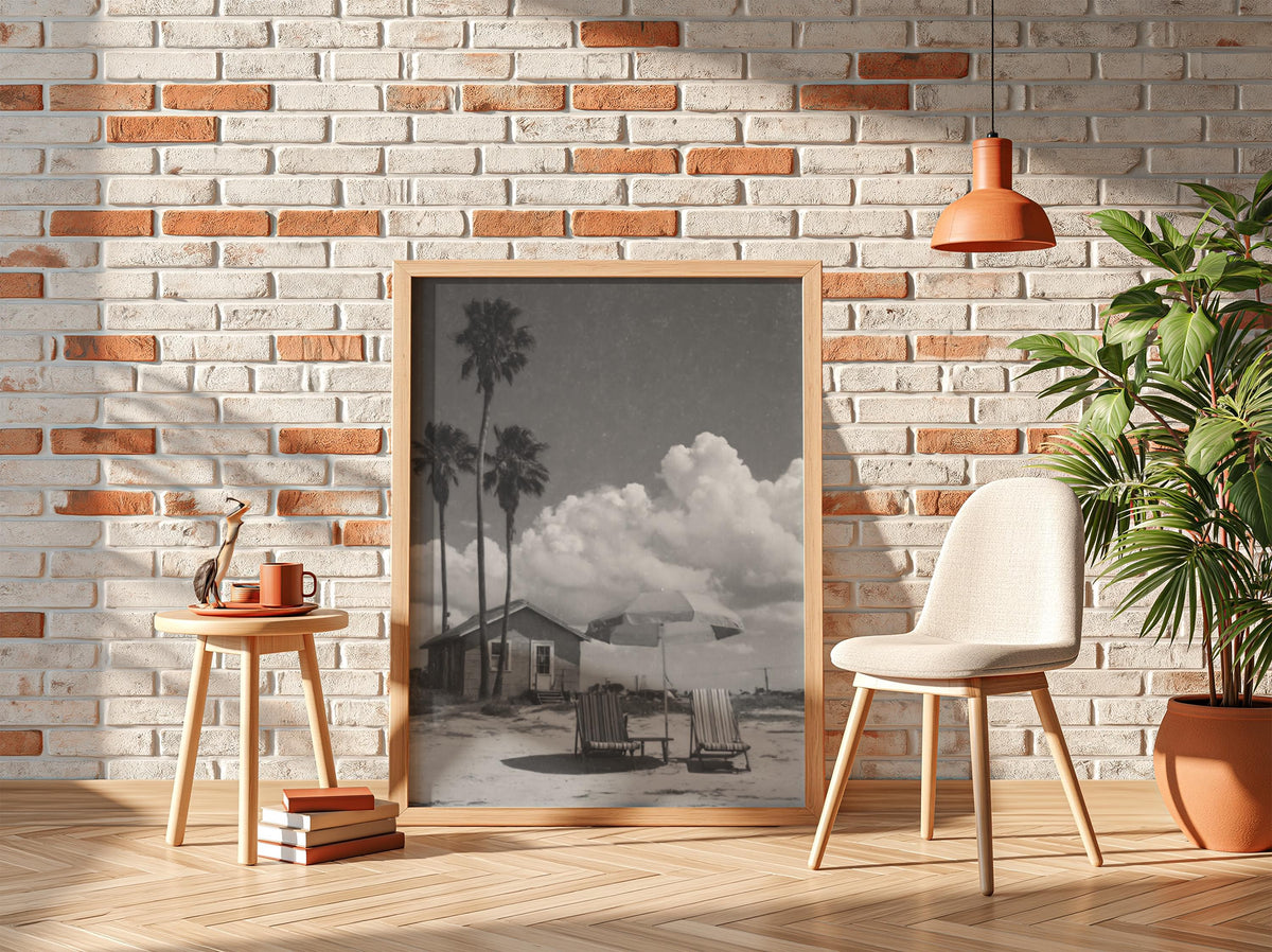 Vintage Beach Cottage Umbrella Poster | Black and White Photography Print | Coastal Wall Art | Retro Summer Travel Decor