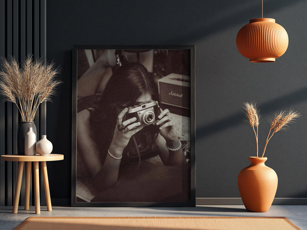 Vintage Camera Self Portrait Poster | Black and White Photography Print | Retro Photography Wall Art | Classic Lifestyle Decor