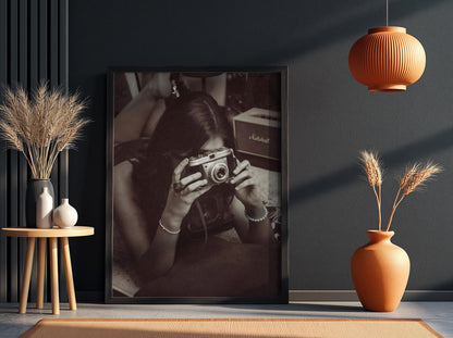 Vintage Camera Self Portrait Poster | Black and White Photography Print | Retro Photography Wall Art | Classic Lifestyle Decor