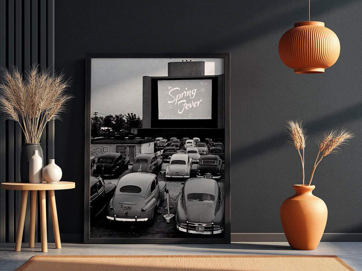 Vintage Drive In Movie Night Poster | Black and White Photography Print | Retro Cinema Wall Art | Classic Americana Decor