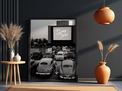 Vintage Drive In Movie Night Poster | Black and White Photography Print | Retro Cinema Wall Art | Classic Americana Decor