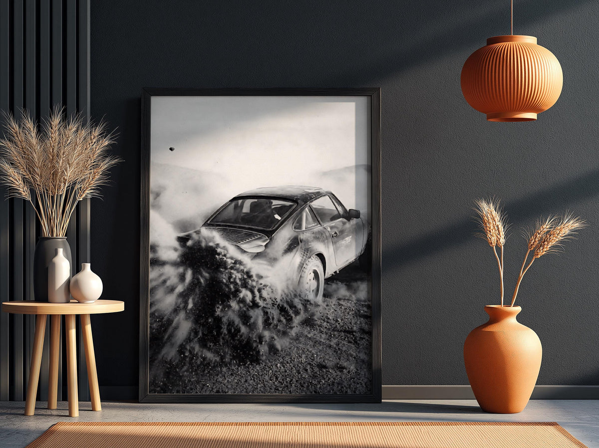 Vintage Rally Dust Poster | Black and White Photography Print | Retro Racing Wall Art | Classic Motorsport Decor