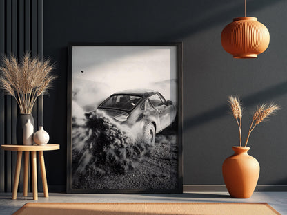 Vintage Rally Dust Poster | Black and White Photography Print | Retro Racing Wall Art | Classic Motorsport Decor