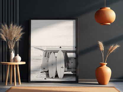 Van Surfboards Beach Poster | Black and White Photography Print | Vintage Surf Wall Art | Retro Coastal Lifestyle Decor