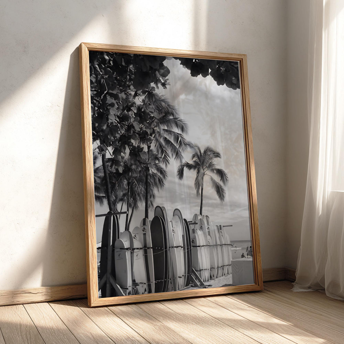 Waikiki Surfboards Under Palms Poster | Black and White Photography Print | Vintage Beach Wall Art | Retro Surf Decor
