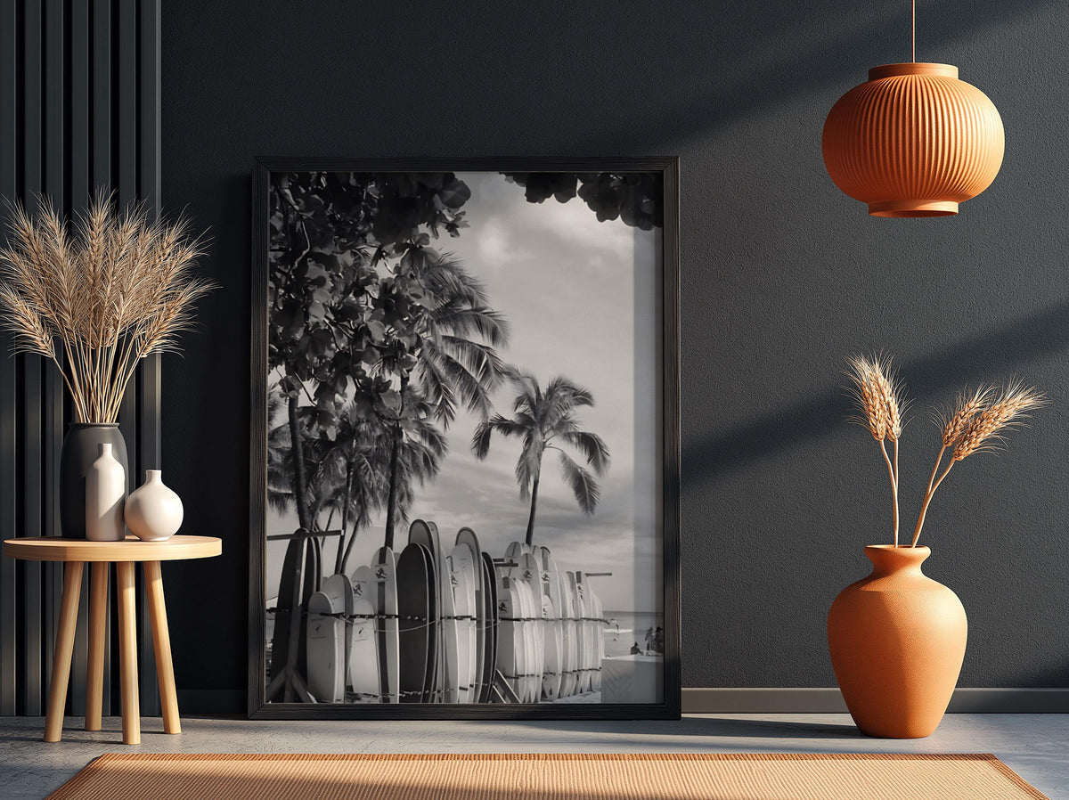 Waikiki Surfboards Under Palms Poster | Black and White Photography Print | Vintage Beach Wall Art | Retro Surf Decor