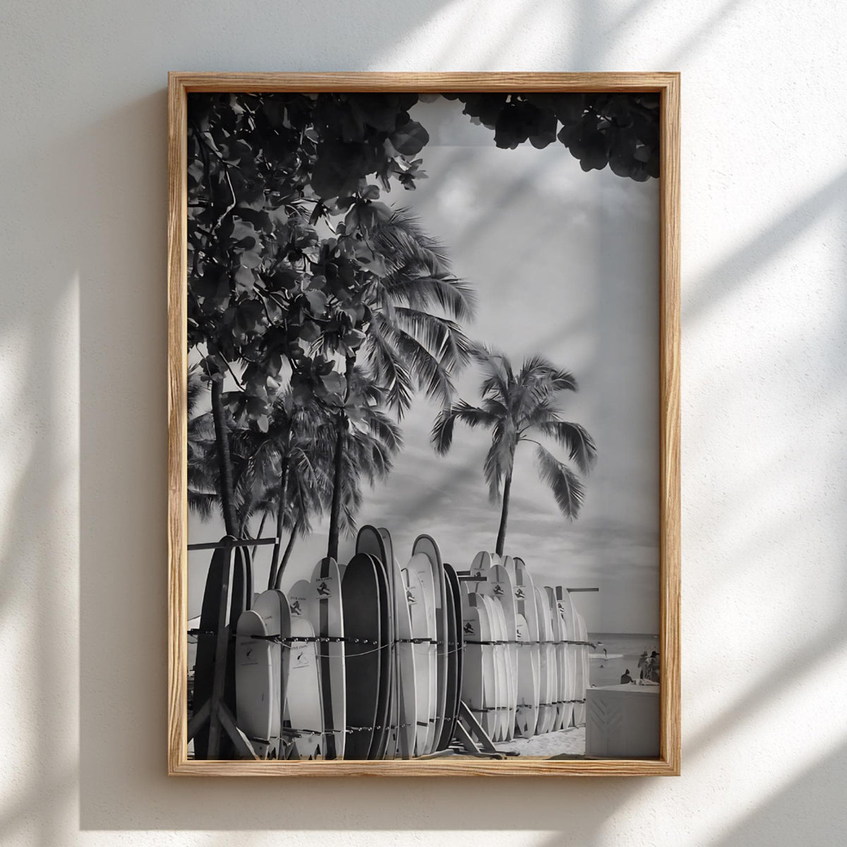 Waikiki Surfboards Under Palms Poster | Black and White Photography Print | Vintage Beach Wall Art | Retro Surf Decor