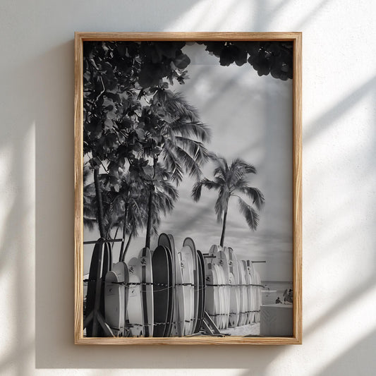 Waikiki Surfboards Under Palms Poster | Black and White Photography Print | Vintage Beach Wall Art | Retro Surf Decor