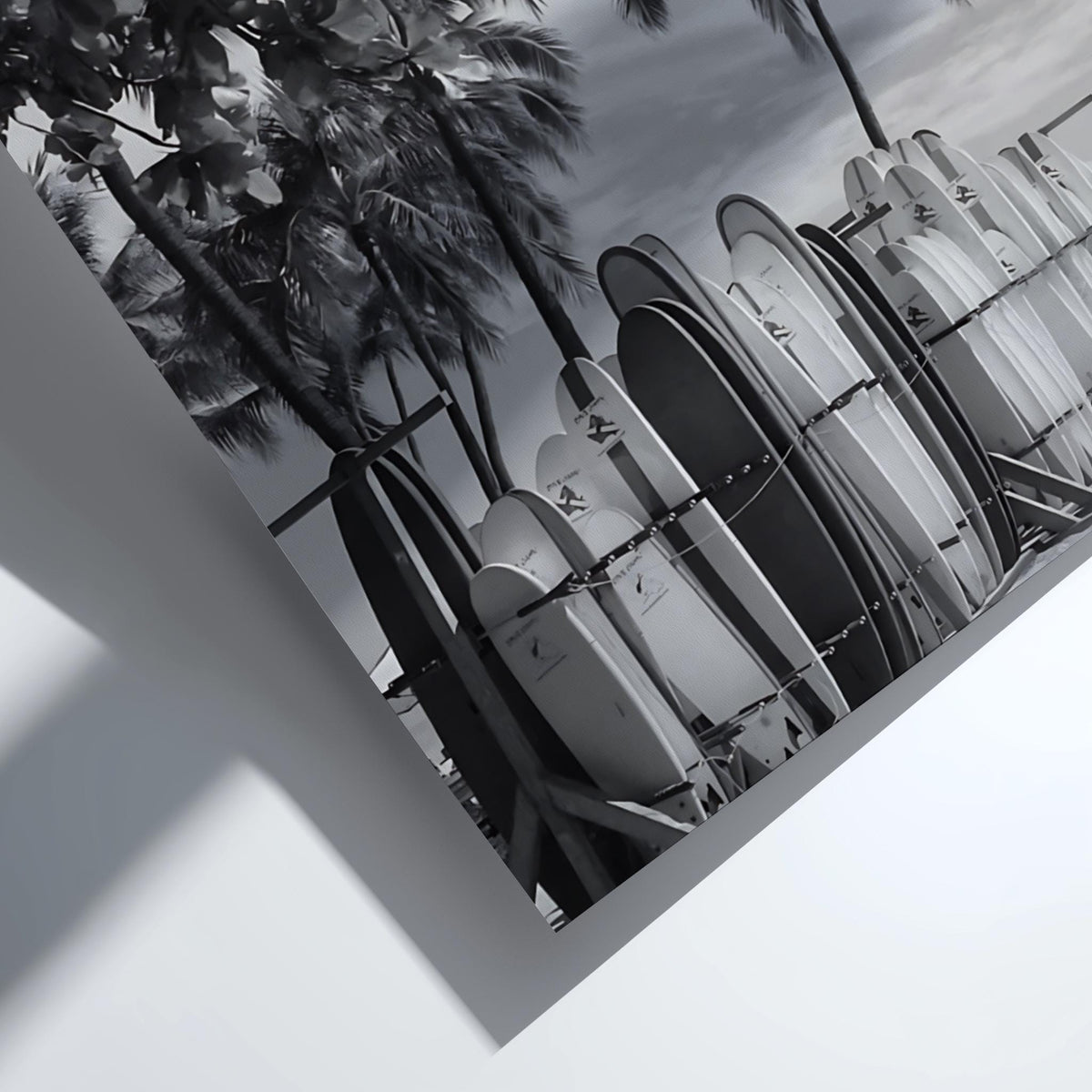 Waikiki Surfboards Under Palms Poster | Black and White Photography Print | Vintage Beach Wall Art | Retro Surf Decor