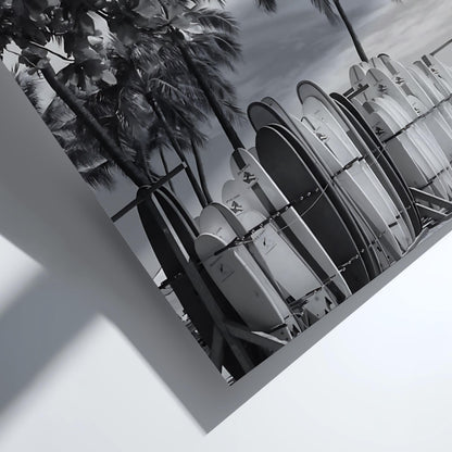 Waikiki Surfboards Under Palms Poster | Black and White Photography Print | Vintage Beach Wall Art | Retro Surf Decor