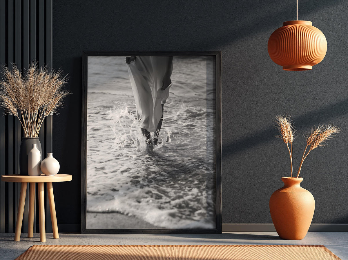 White Dress Wading Shoreline Poster | Black and White Photography Print | Vintage Beach Wall Art | Retro Coastal Lifestyle Decor