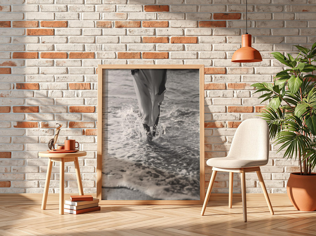 White Dress Wading Shoreline Poster | Black and White Photography Print | Vintage Beach Wall Art | Retro Coastal Lifestyle Decor