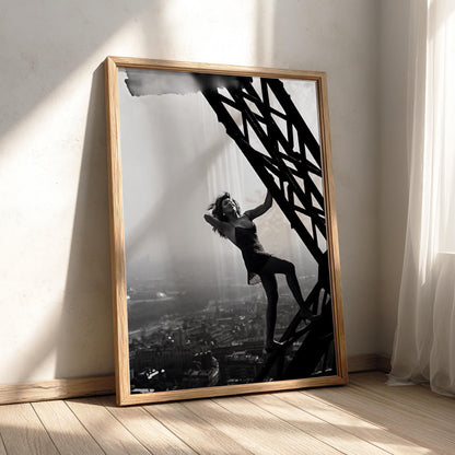 Woman Climbing Eiffel Tower Poster | Black and White Photography Print | Vintage Paris Wall Art | Retro Travel Decor