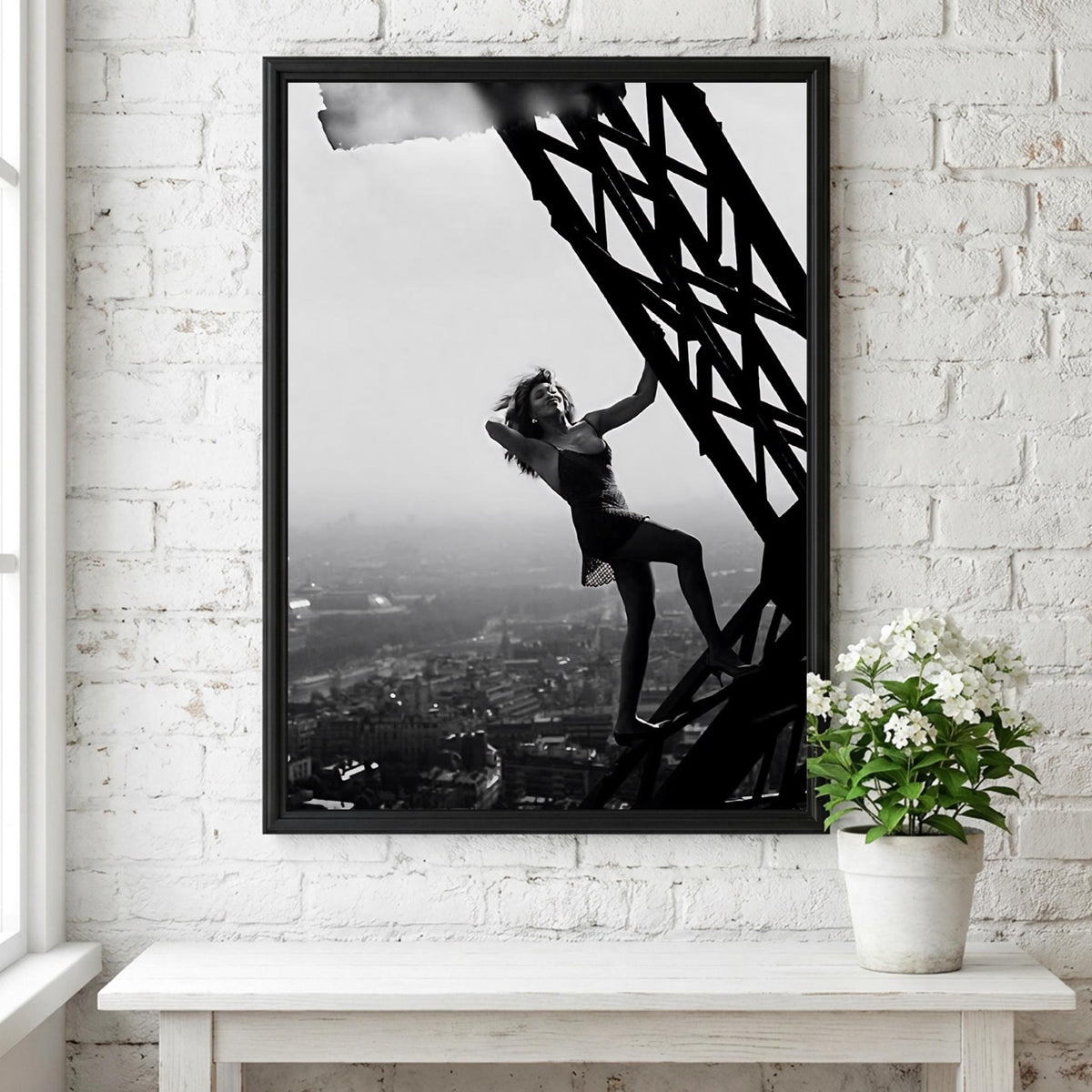 Woman Climbing Eiffel Tower Poster | Black and White Photography Print | Vintage Paris Wall Art | Retro Travel Decor