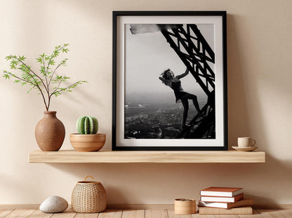 Woman Climbing Eiffel Tower Poster | Black and White Photography Print | Vintage Paris Wall Art | Retro Travel Decor