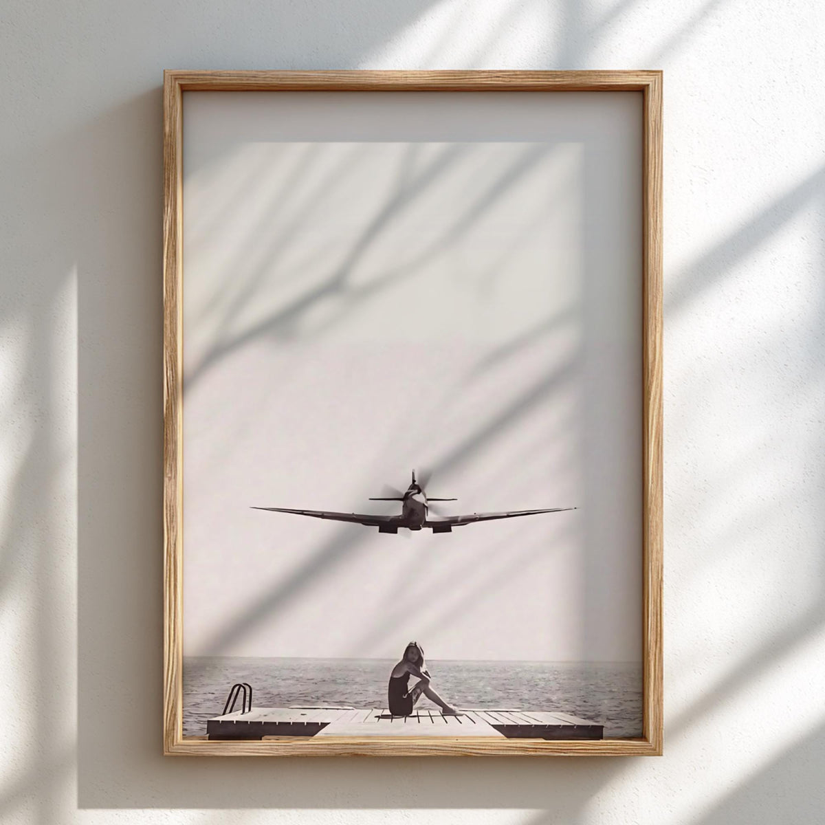 Woman Dock Watching Warplane Poster | Black and White Photography Print | Vintage Aviation Wall Art | Retro Military Decor