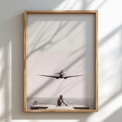 Woman Dock Watching Warplane Poster | Black and White Photography Print | Vintage Aviation Wall Art | Retro Military Decor