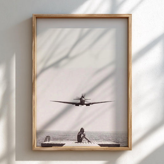 Woman Dock Watching Warplane Poster | Black and White Photography Print | Vintage Aviation Wall Art | Retro Military Decor