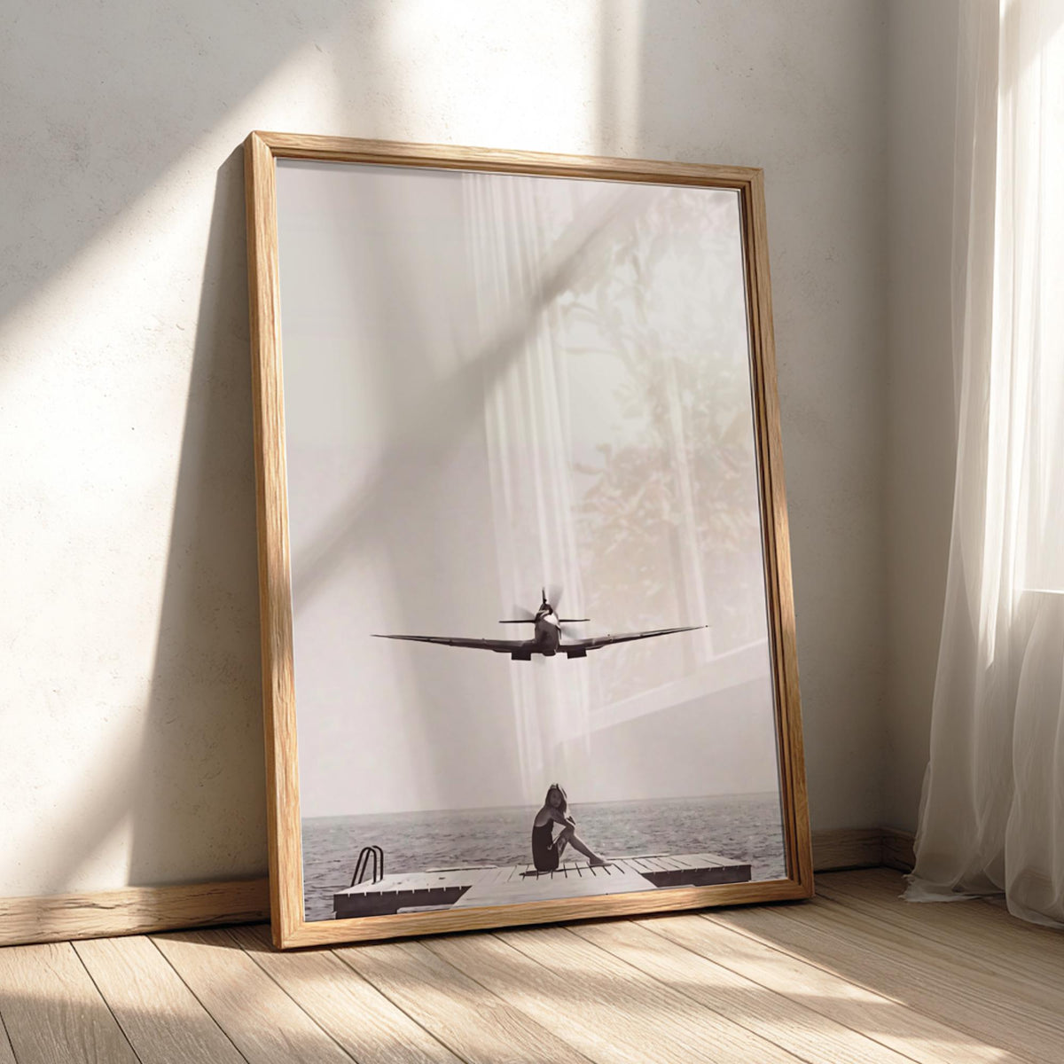 Woman Dock Watching Warplane Poster | Black and White Photography Print | Vintage Aviation Wall Art | Retro Military Decor