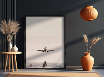 Woman Dock Watching Warplane Poster | Black and White Photography Print | Vintage Aviation Wall Art | Retro Military Decor