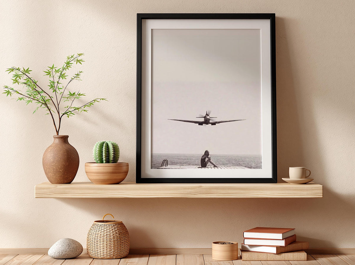 Woman Dock Watching Warplane Poster | Black and White Photography Print | Vintage Aviation Wall Art | Retro Military Decor
