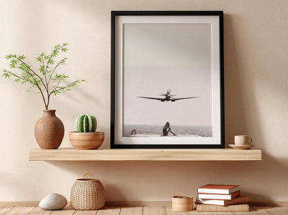 Woman Dock Watching Warplane Poster | Black and White Photography Print | Vintage Aviation Wall Art | Retro Military Decor