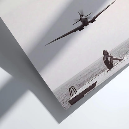 Woman Dock Watching Warplane Poster | Black and White Photography Print | Vintage Aviation Wall Art | Retro Military Decor