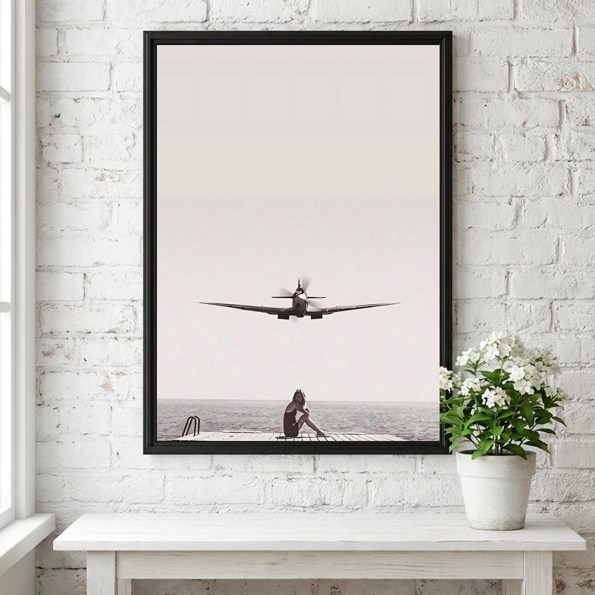 Woman Dock Watching Warplane Poster | Black and White Photography Print | Vintage Aviation Wall Art | Retro Military Decor