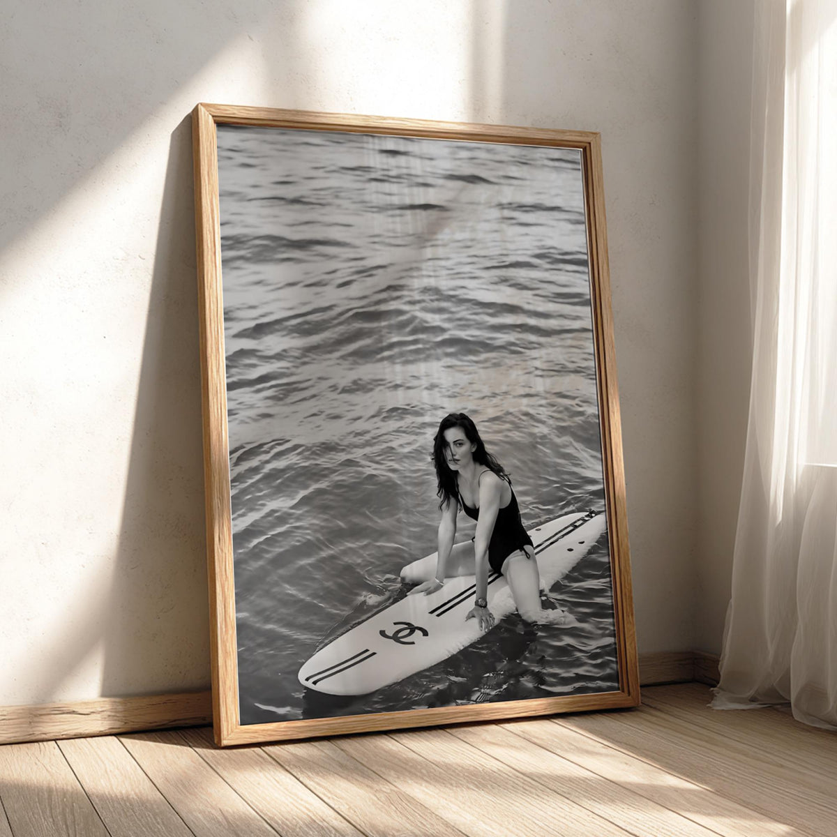 Woman On Surfboard Ocean Poster | Black and White Photography Print | Vintage Surf Wall Art | Retro Coastal Lifestyle Decor